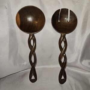 VINTAGE TWISTED HAND CARVED WOODEN SALAD SERVERS! FORK & SPOON! AFRICAN 12"